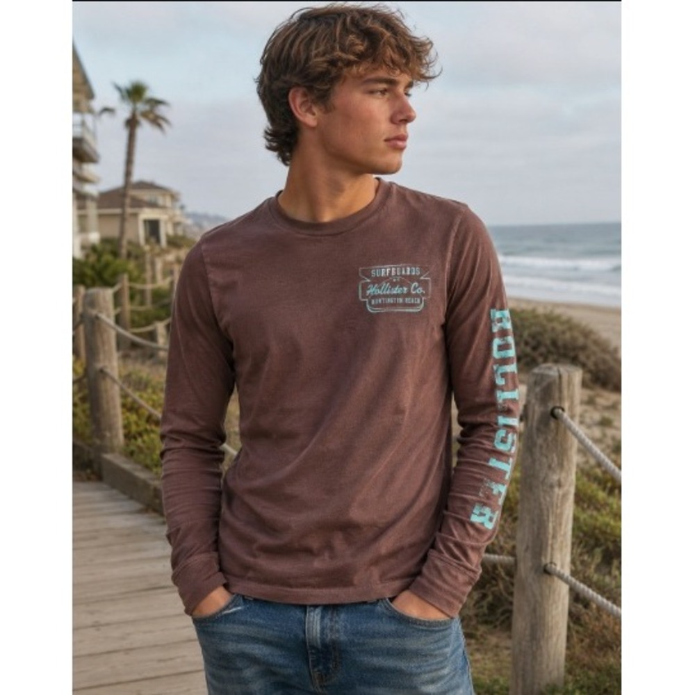 Y2K Hollister Co Mens Small Long Sleeve Surf Graphic Tee Brown Skater Beach
